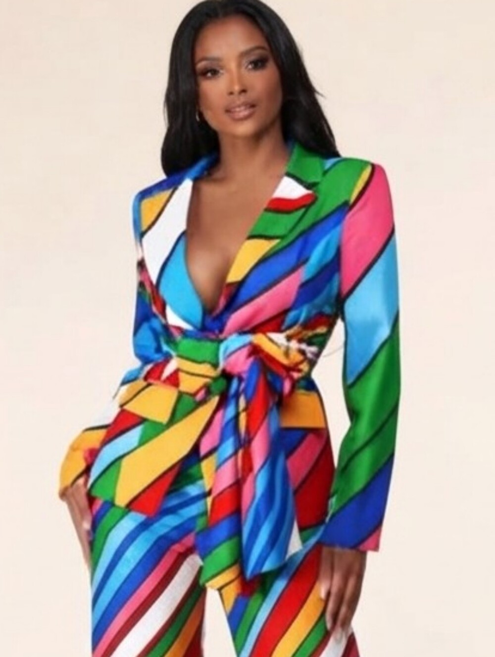 Lilly's Kloset vibrant multi-colored striped blazer attached wrap belt Sz L